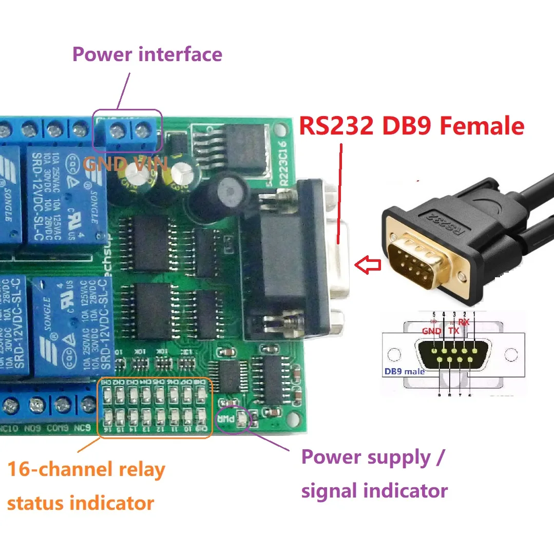16ch DC 12V Серийный порт DB9 UART RS232 релейный модуль для PLC PC Com 3D принтер LED Home