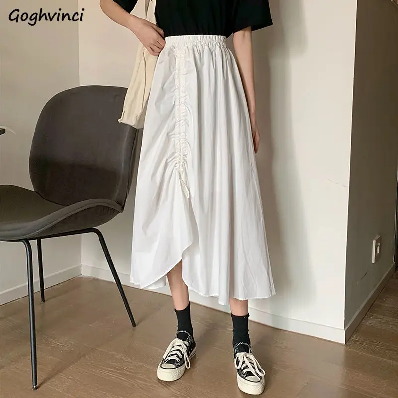 

Pleated Lace Up Skirts Women Leisure High-waist All-match Design Korean Style Solid Daily Summer New Fashion Students Asymmetric