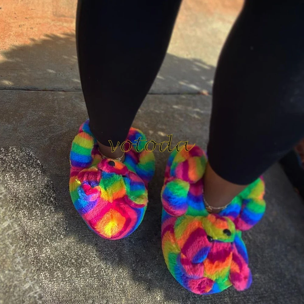 Teddy Bear Slippers Women Cute Cartoon Slides Furry Warm Soft Shoes Home Non-slip Cotton Flip Flops Rainbow Teddies Bear Slipper best house slippers