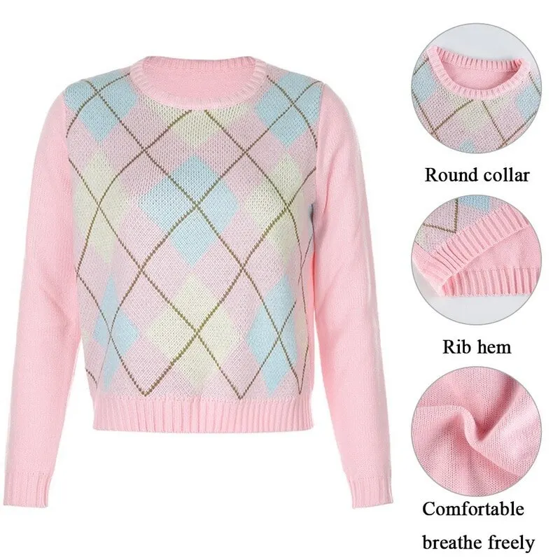 

Pink Argyle Plaid Knitted Long Sleeve Autumn Sweater Women Preppy Style Cute Y2K Jumpers Winter Fashion 90s Knitwear