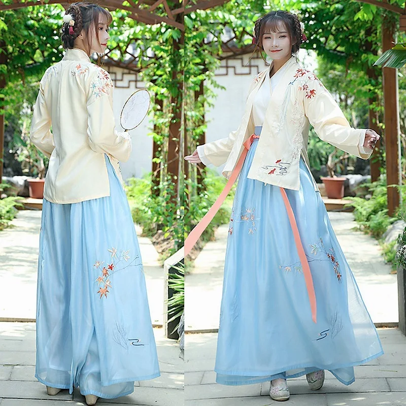 

Женское платье Hanfu с воротником в старинном стиле, юбка, кардиган с вышивкой в виде кленового листа Хань элемент, пальто, платье для выступле...