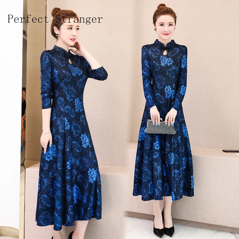 Осень Зима Новое поступление размера плюс M-3XL Ретро Cheongsam стоячий воротник жаккард длинный рукав женское длинное платье