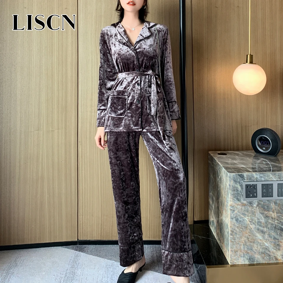 Brown LISCN зимняя женская пижама, одежда для отдыха, теплый домашний костюм, повседневная одежда, штаны, теплая Пижама, золотой бархат, комплект одежды для сна с поясом - Цвет: Brown