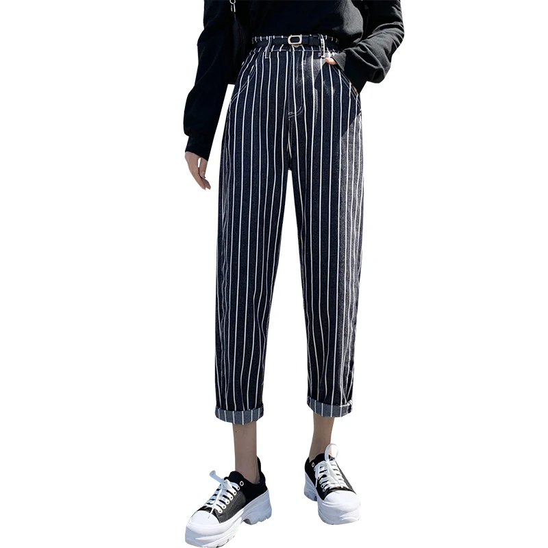 Винтажные полосатые женские джинсы шаровары прямые джинсовые брюки с высокой
