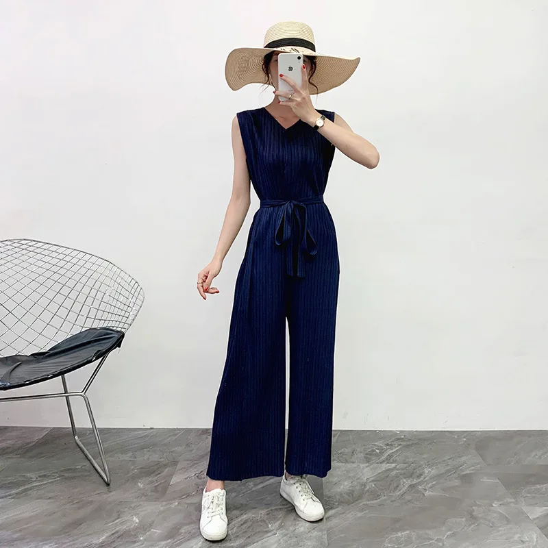 LANMREM 2021 Summer New Pleated Jumpsuits For Women Clothes Drawstring Waist Casual Wide Leg Pants Loose Sleeveless YH677
