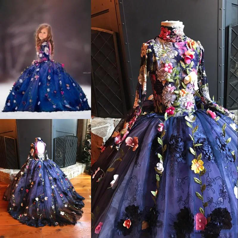 

2021 Pretty Fairty Flower Girls Dress High Neck Long Sleeve 3D Floral Apliques Girls Pageant Dresses Lovely Hand Made Flowers Bi