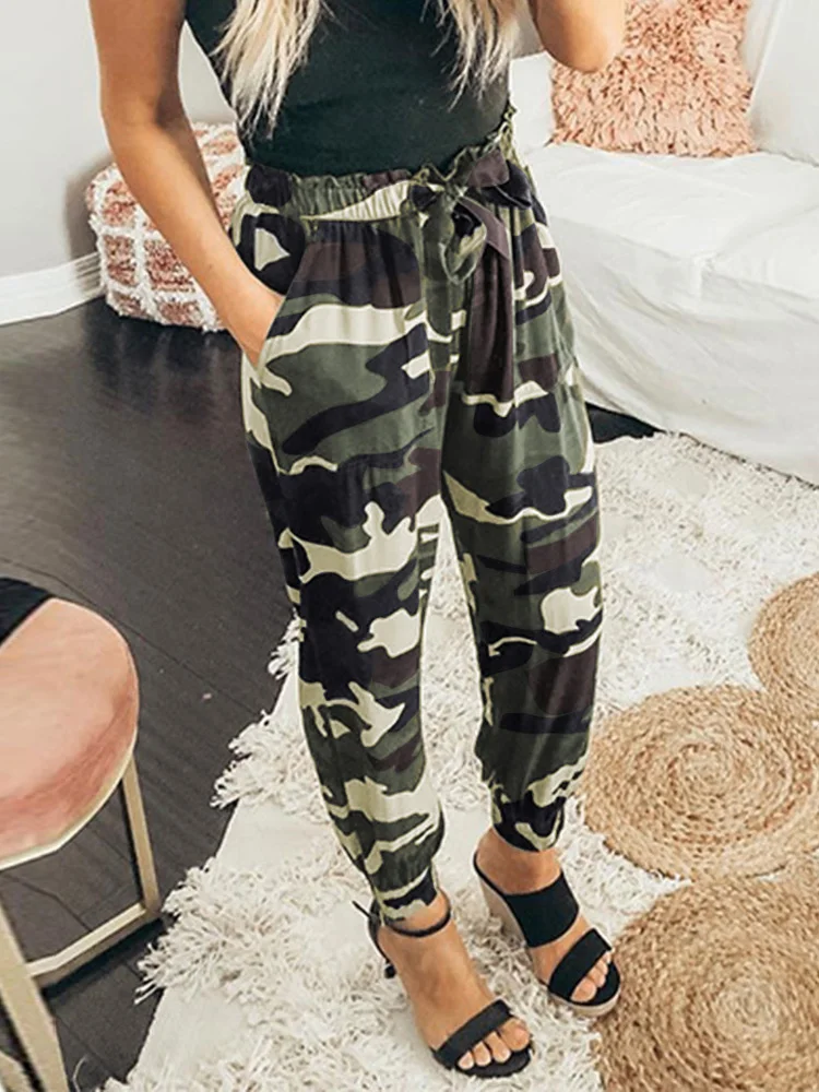 

Women Camouflage Drawstring Elastic Waist Jogger Pants With Pockets lacing pockets print casual Bottoms Culotte