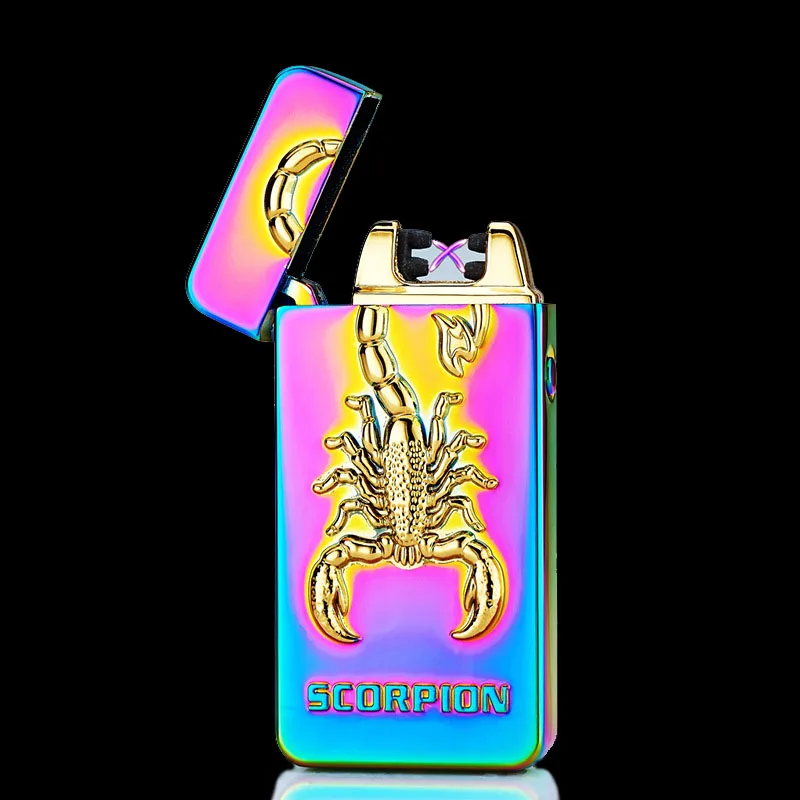 Новинка, зажигалка с зарядкой от usb, плазменная двойная дуга, ветрозащитная Зажигалка для сигарет, металлический рельеф, Скорпион, китайский дракон, мужской подарок