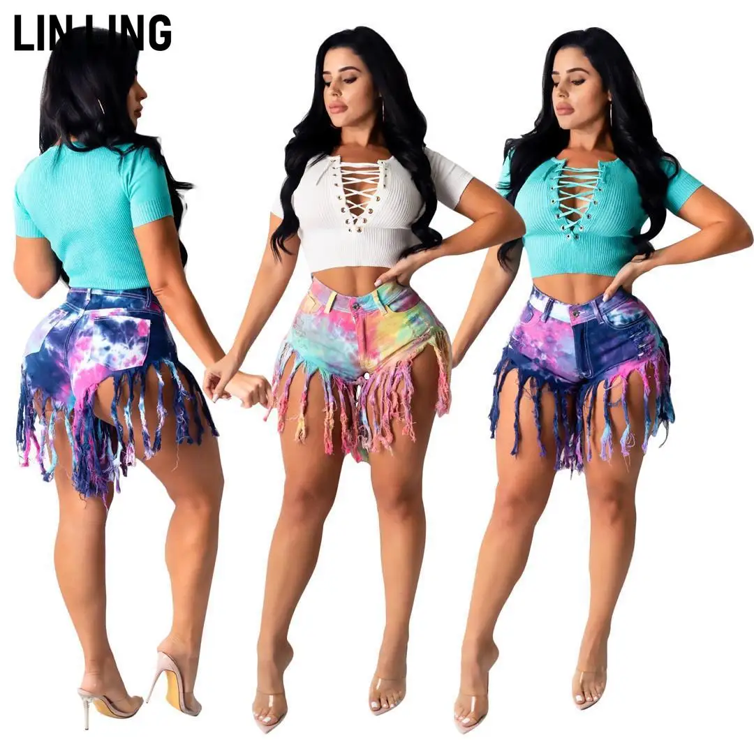 

LINLING Trendy Street Women Shorts with Fringed Frizzled Edge Tie Dye Design Skinny Straight Leg Jeans