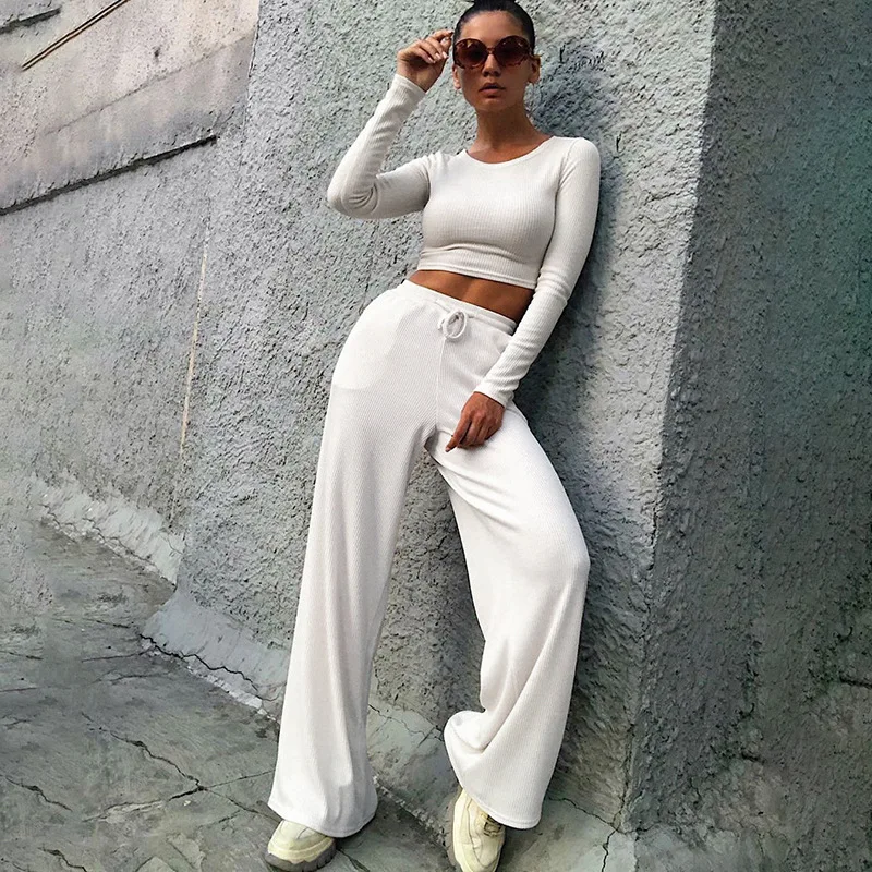 

European American Autumn New Fashion Casual Set Slim Short Long Sleeve Top Lace-up Comfortable Loose Straight Pants 2 piece set