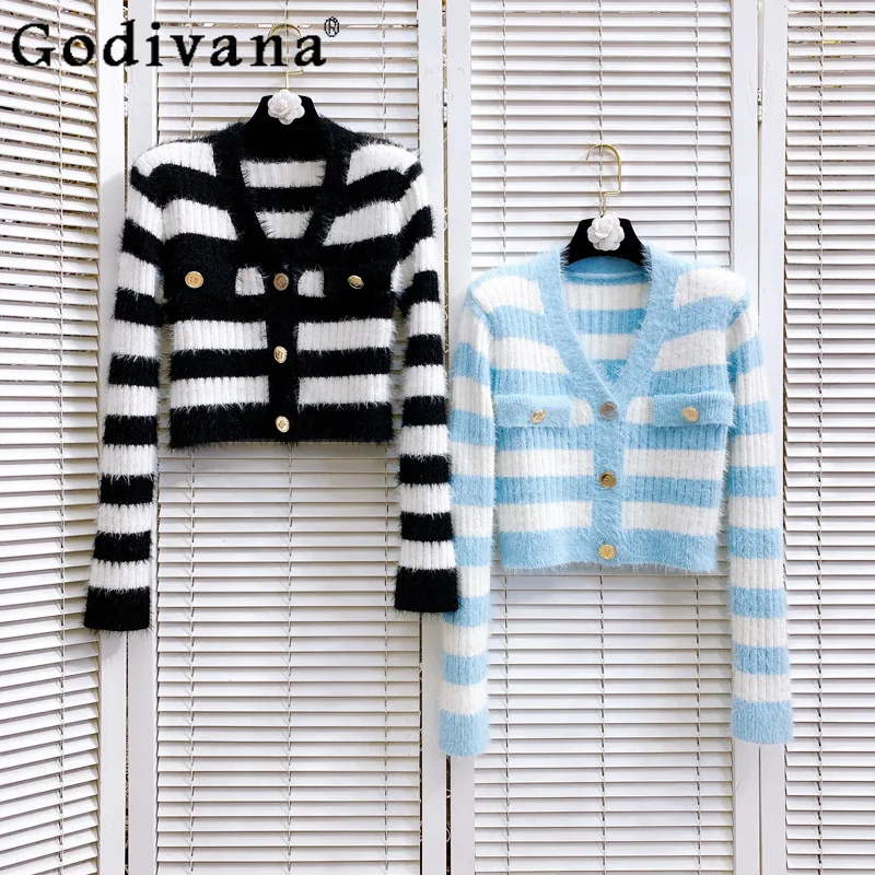 

Женский однобортный свитер в полоску, вязаный офисный Кардиган с длинным рукавом и V-образным вырезом, норковый свитер, Укороченное пальто, ...