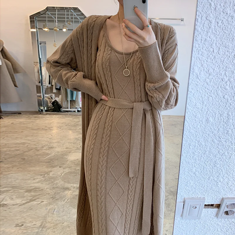 

Korean Chic One Piece Dress Hemp Pattern Suspender Dress Cardigan With Long Sweater Set Sweater Dress Women