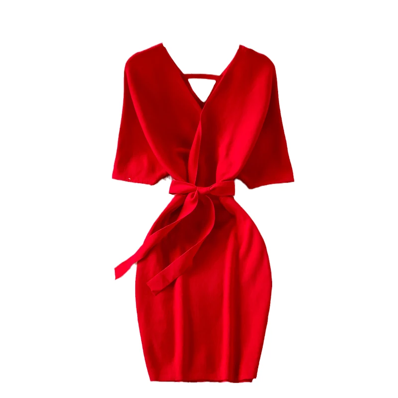 

2021 autumn new women's chic v-neck lace-up waist knitted sheath dresses female retro slim sweater dress