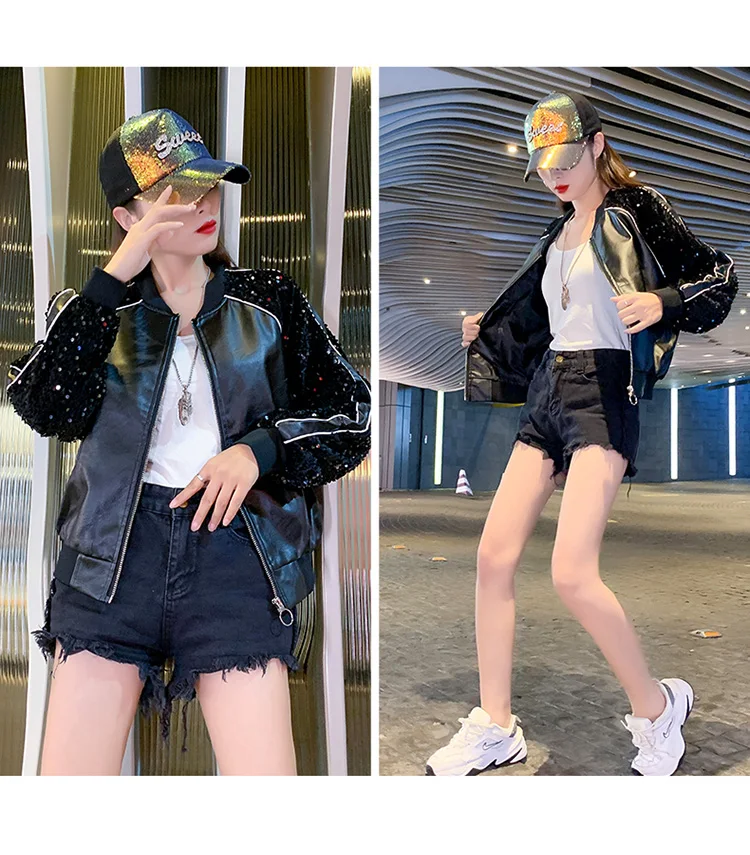 SilverPatchwork PU& куртка с блестками Топ Женская куртка осеннее пальто с блестками зимняя утепленная одежда на молнии Женская куртка для колледжа