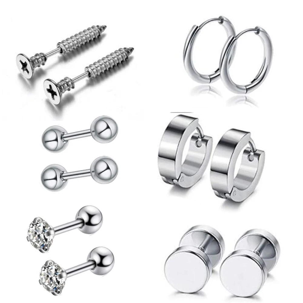style 1-silver 1-6 пар серьги из нержавеющей стали для мужчин Поддельные Вилки туннели шпилька для уха спираль бар для женщин мужчин серьги-кольца - Окраска металла: style 1-silver