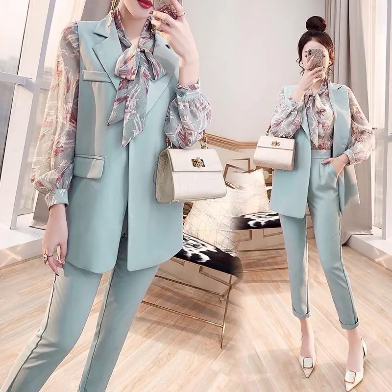 

3 Piece Set Print Chiffon Blouse Vest Pants Suit Spring Summer lady's office Outfit