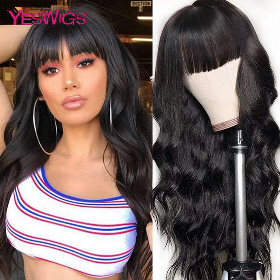

Brazilian Body Wave Human Hair Wigs With Bangs Density 150 Remy Hair Natural Color Glueless Full Machina Made Wig For Women Blac