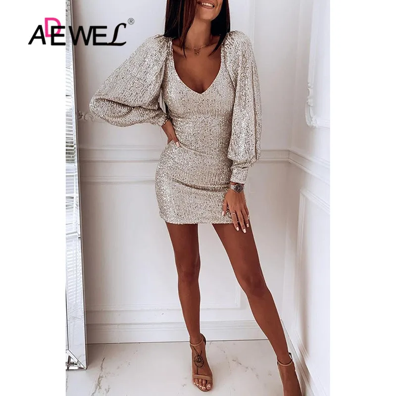 Женское вечернее платье с пышными рукавами ADEWEL черное блестящее клубное