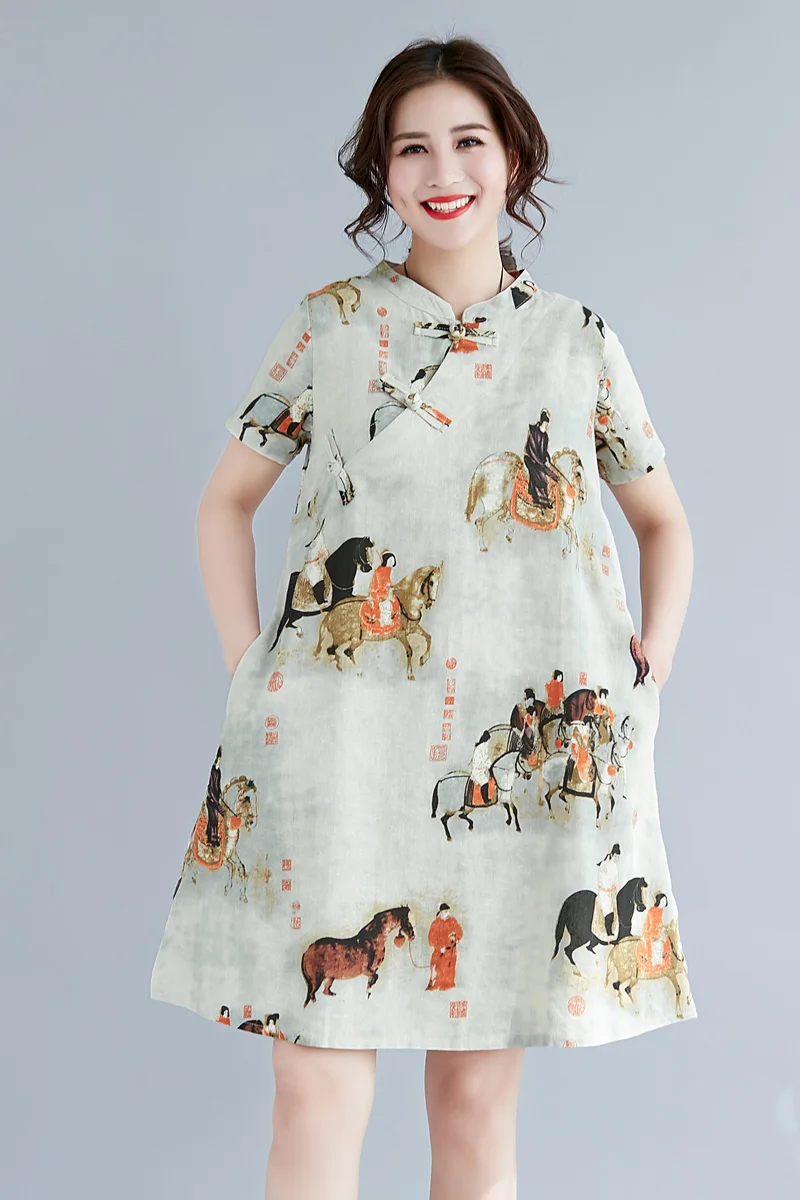 

COIGARSAM Cheongsam Cotton Linen Women dress Vintage Print Short Sleeve Loose Dresses Rice White 5266