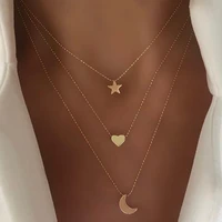 women layered love moon star pendant choker necklace summer simple heart shaped chain 2021 fashion jewerly am3049