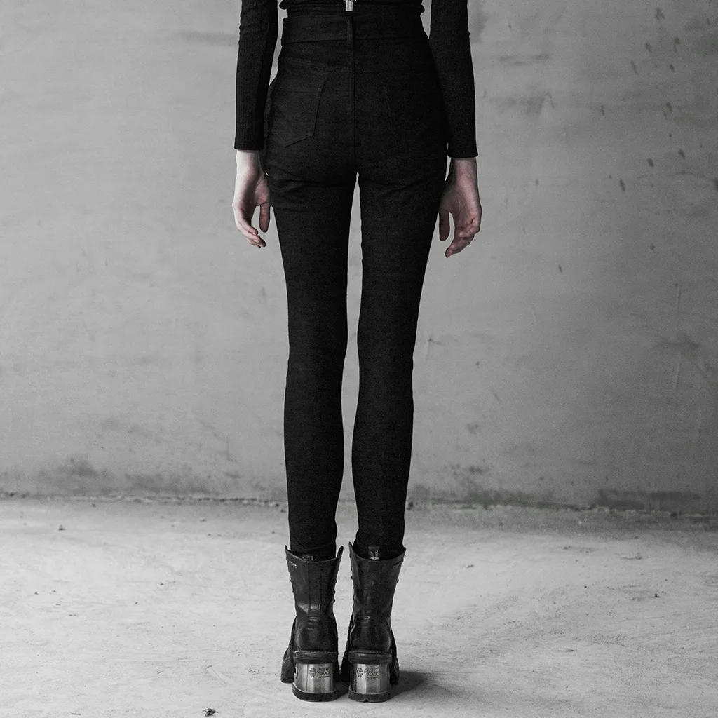 PUNK RAVE Women's Punk Contrast Color High Waist Strap Jeans Removable Shoulder Sling Casual Fashion Women Trousers