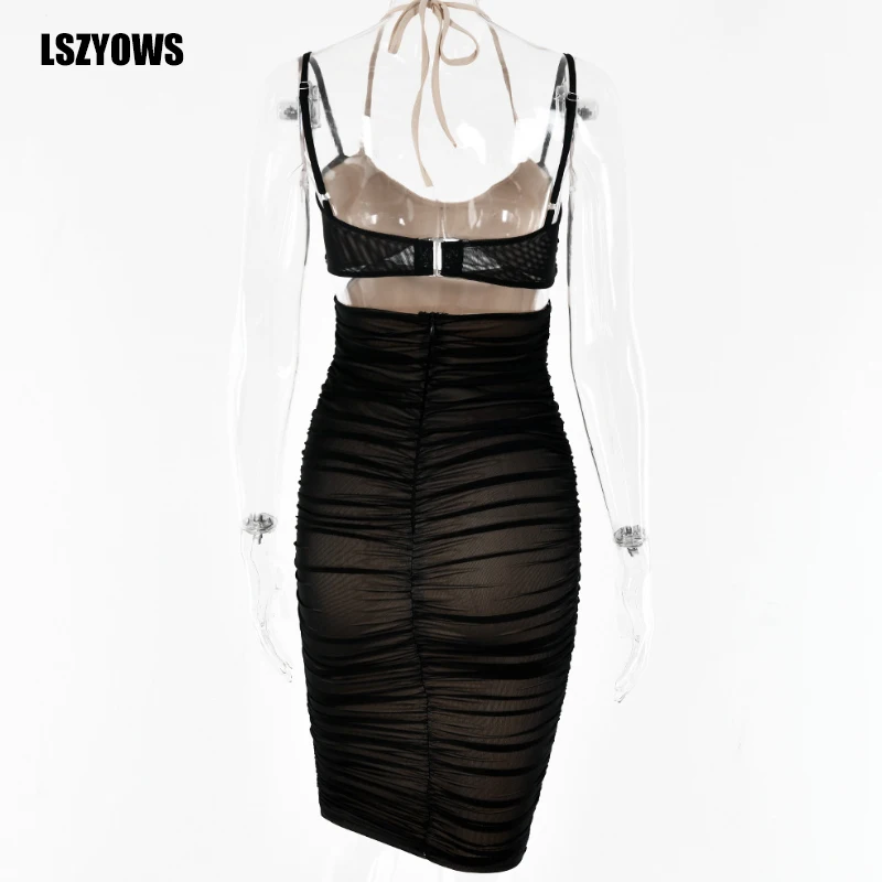 

Spaghetti Straps Pleated Mesh Sexy Dress Sleeveless Hollow Out Backless Bodycon Summer Dress Women Midi Night Club Party Dresses