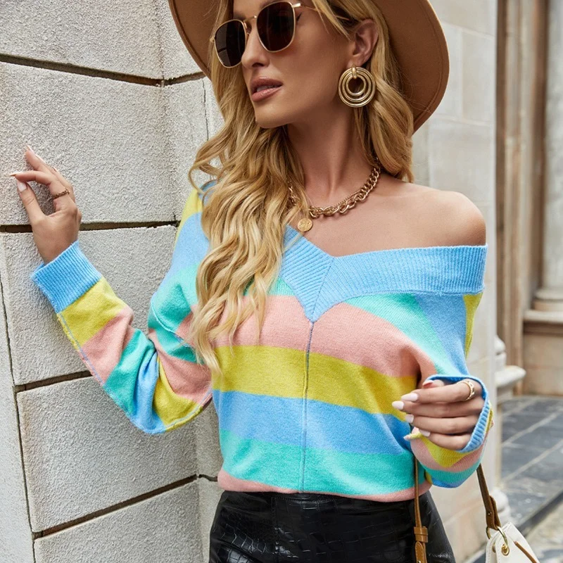 

Women's 2022 Spring New Sexy Large V-neck Knitted Sweater Long Sleeve Striped Contrast Color Knitted Bottoming Lazy Oaf Shirt
