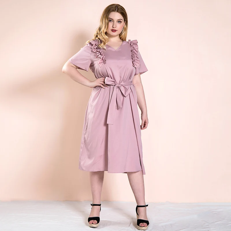 HELIAR/Розовое Атласное однотонное платье с оборками и поясом женские летние миди