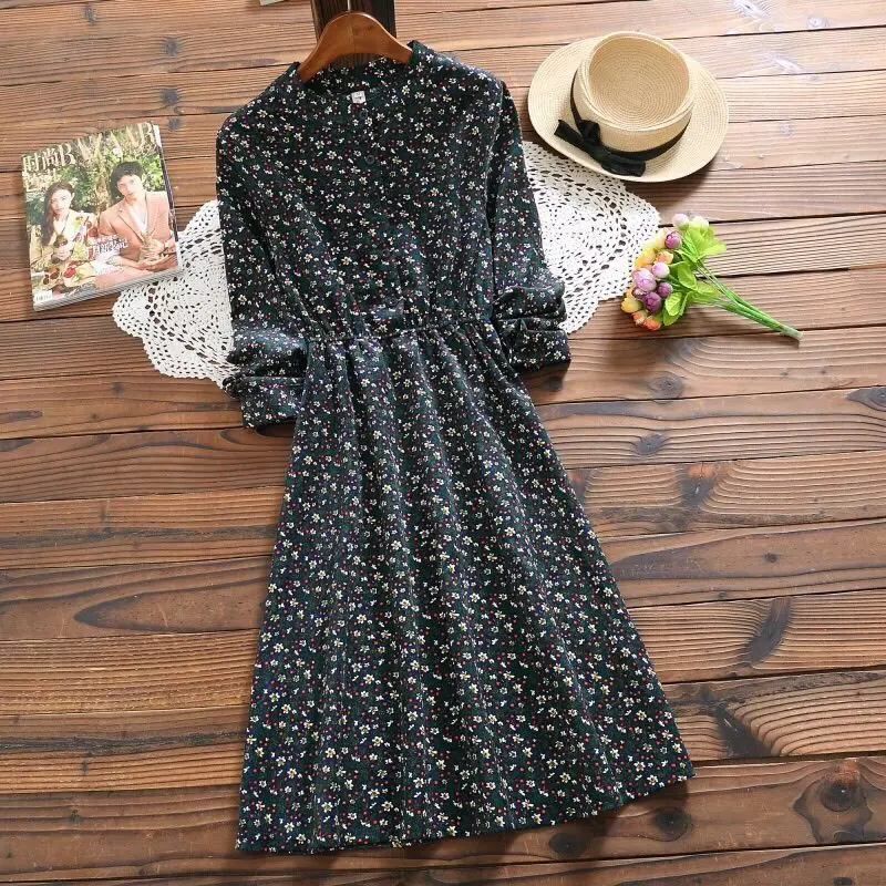 

Corduroy Women Dress Elegant Floral Print Elastic Waist Retro Dress Female Spring Fall Sweet O Neck Button Midi Dresses Vestidos