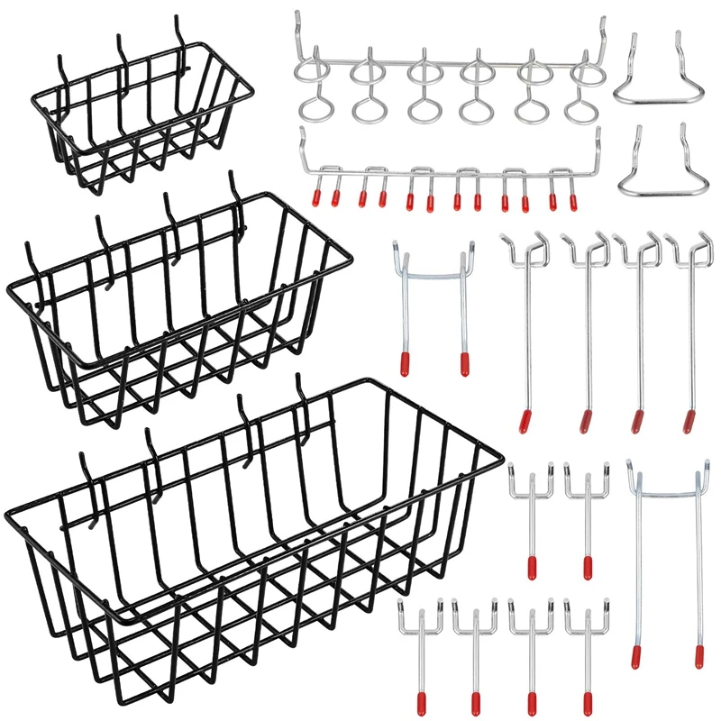 

Hot SV-Pegboard Hooks with Basket Assortment Home Storage Hooks System Peg Board Tool Hanger Set Garage Kitchen Workshop Organiz