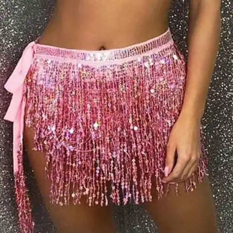Women Boho Fringe Skirt Sexy Sequin Tassel Belly Dance Hip Scarf Rave Wrap Skirt Belt Performance Custume Skirt 2021
