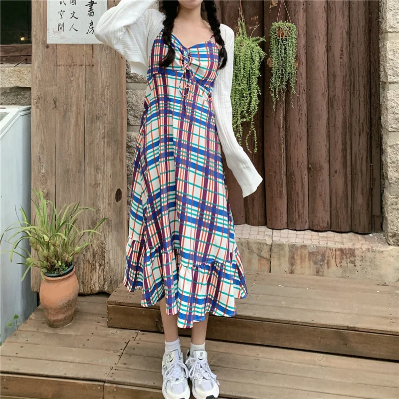 

Real Shot Romantic Summer Plaid Suspender Dress women long sleeve dress