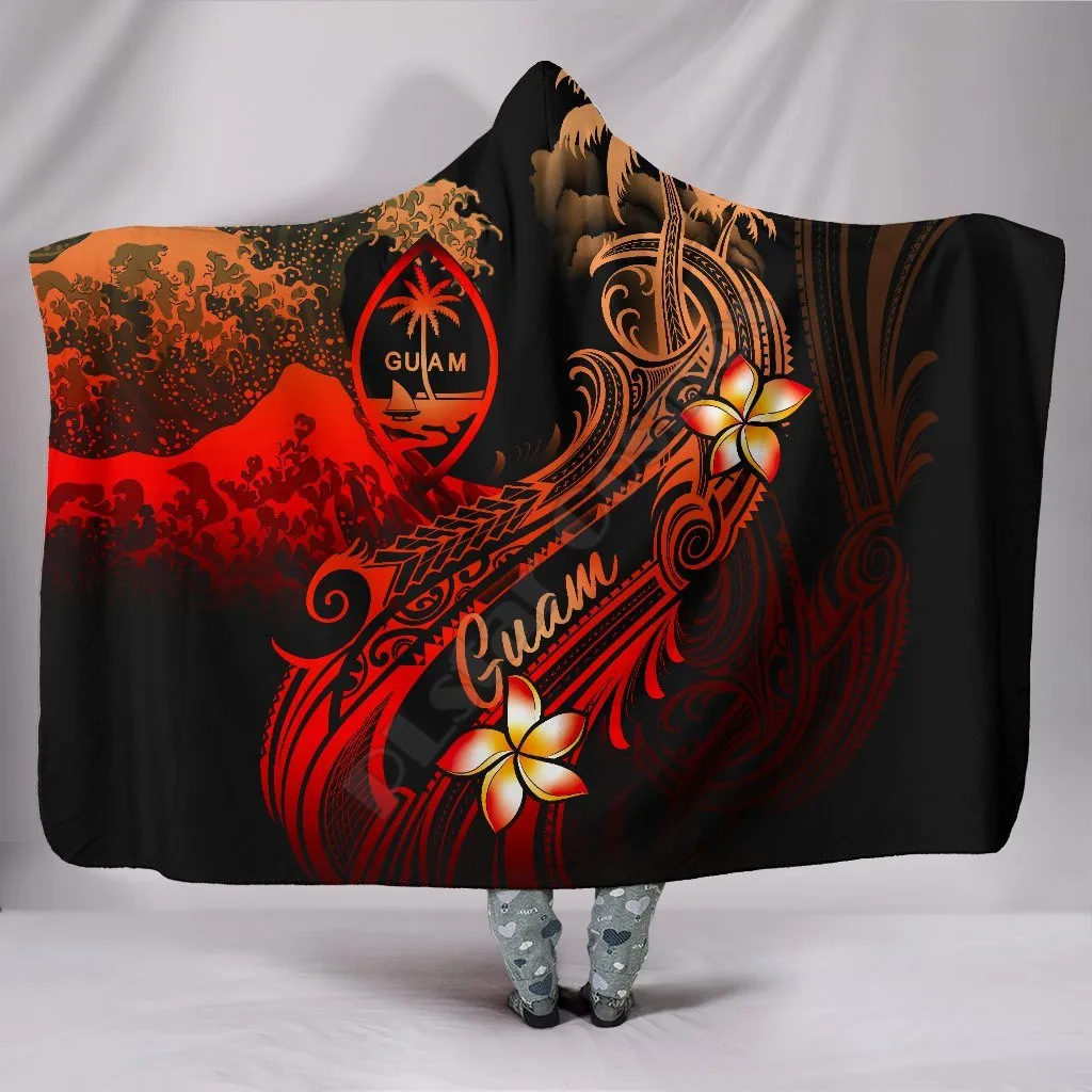 

Guam Polynesian Hooded Blanket Plumeria Flowers And Waves 3D printed Wearable Blanket Adults Kids Various Types Hooded Blanket