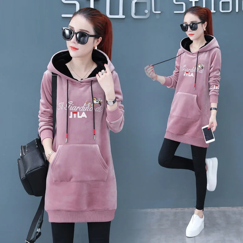 

3XL plus size long sleeve velvet thicked long-lenght hoodie coat women sportwear autumn winter warm pullovers pocket weatshirt