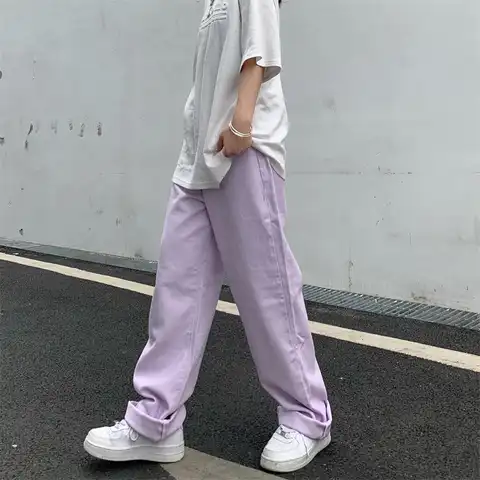 Women's Jeans Vintage Straight Baggy High Waist Korean Fashion Streetwear Casual Pants Femme Wide Leg Purple Mom Denim Trouser