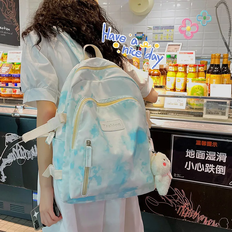 

2021 New Tie-dye Style Zipper Women Backpack High Quality Waterproof Nylon School Bag Big Student Bag Cute Girl Travel Rucksacks