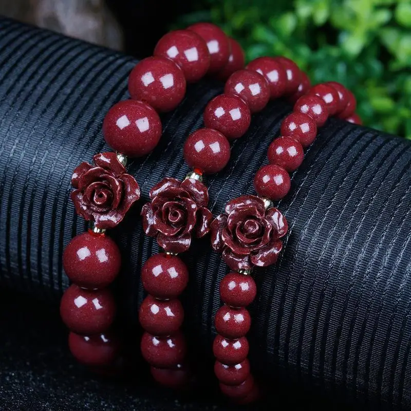 

2021 Hand Made and Carved Natural Women's Bracelet Rose Floret Bracelet Cinnabar Baocinnabar Bracelet