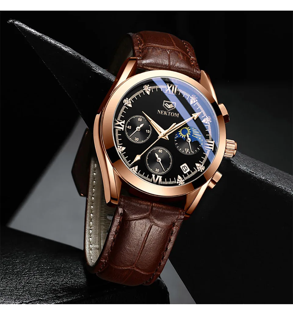 

NEKTOM 2021 New Fashion Leather Waterproof Luminous Men Watches Top Brand Luxury Male Quartz Wristwatch For Boyfriend Gift