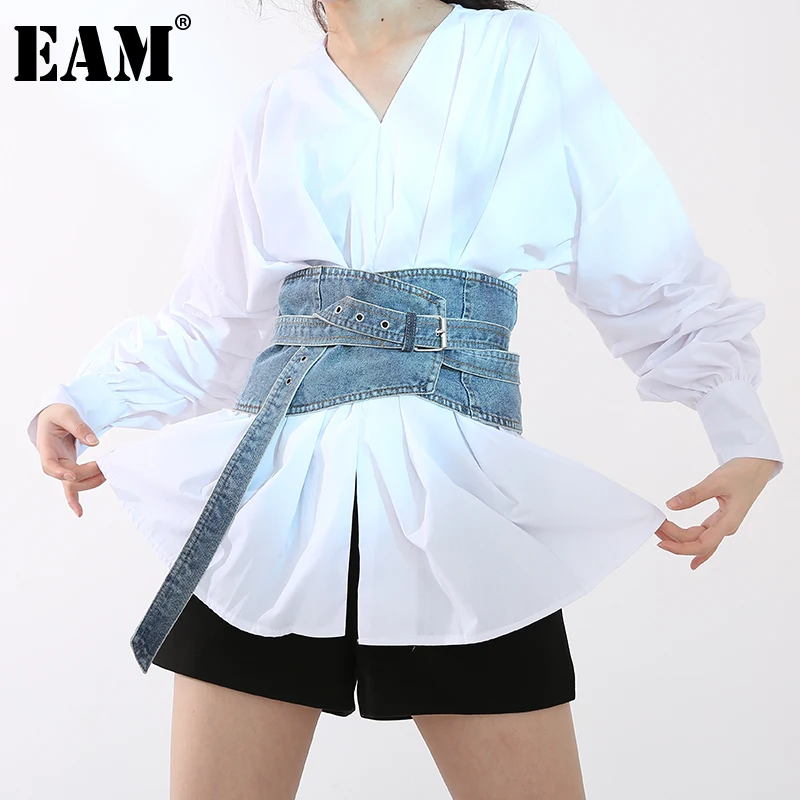 

[EAM] Women White Denim Temperament Blouse New Lapel Long Lantern Sleeve Loose Fit Shirt Fashion Spring Autumn 2021 1Z94200