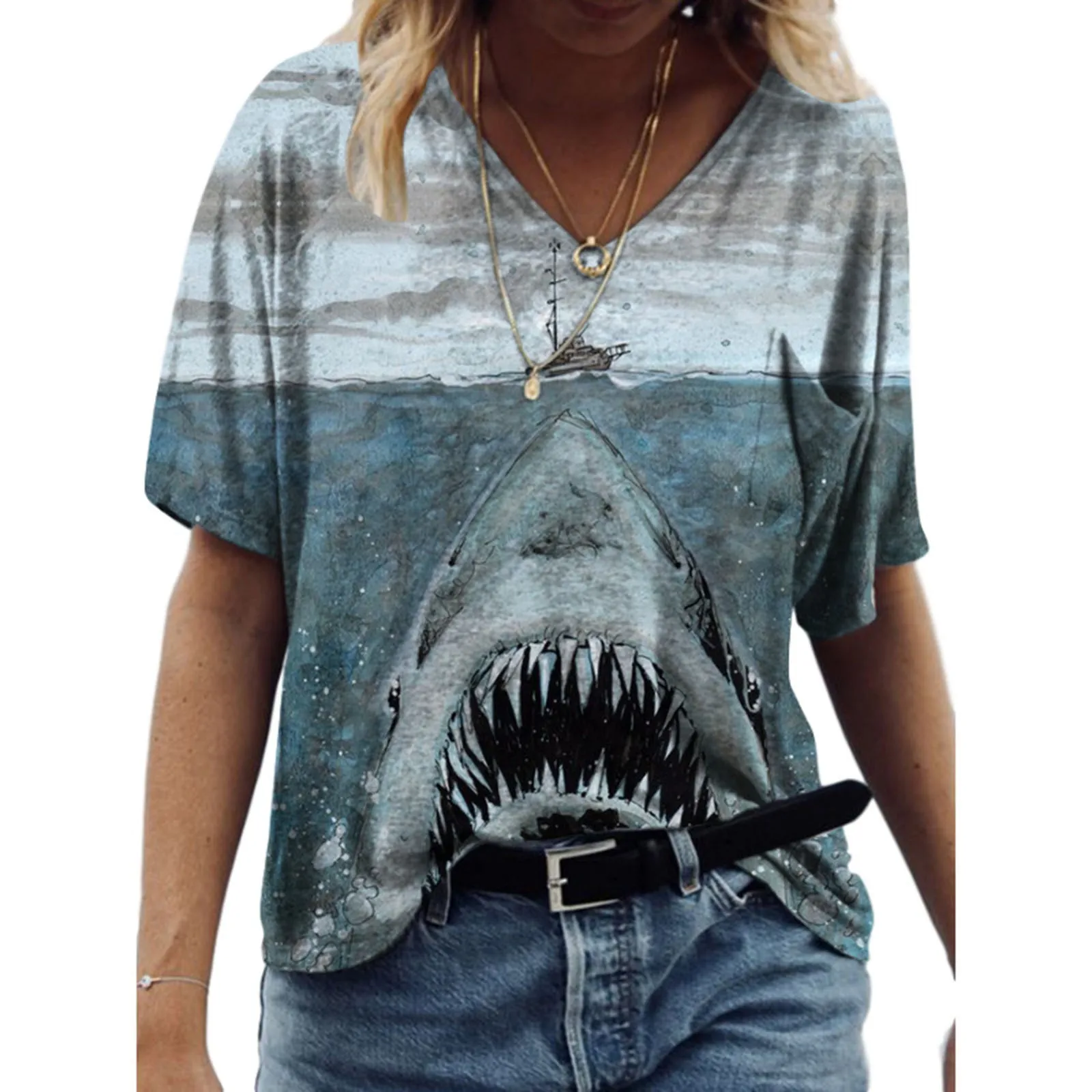 

2021 Fashion Women Blouses Short Sleeve Casual Aesthetic Animal Lifelike Blouses Printing Harajuku Casual V-neck Loose Blouses