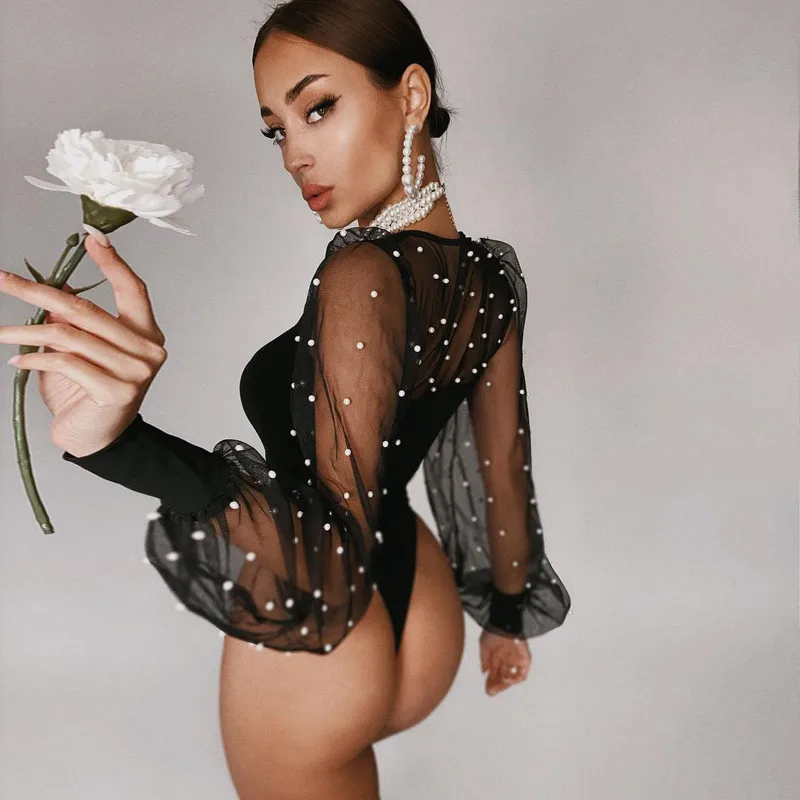CNYISHE Mesh Sheer Patchwork Lantern Sleeve Sexy Bodysuit Women Romper Spring Fashion Streetwear Party Elegant Jumpsuit Overalls