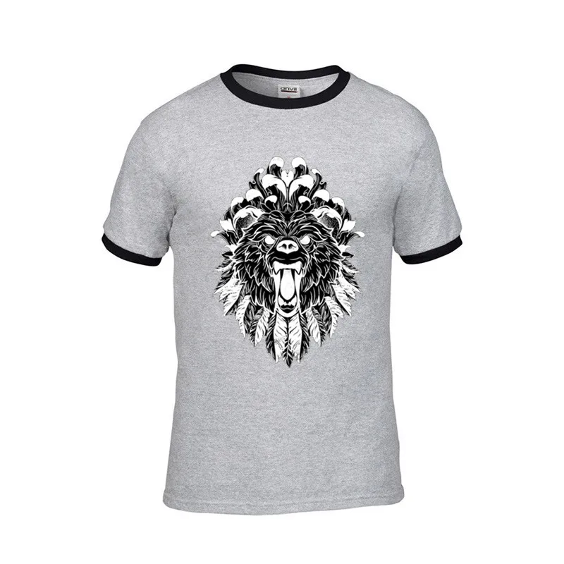 Bear Grizzly Roar Tattoo Feathers peony Distressed on sale Men brand tshirts 100% cotton gift t-shirt lion king male tv t shirts Мужская