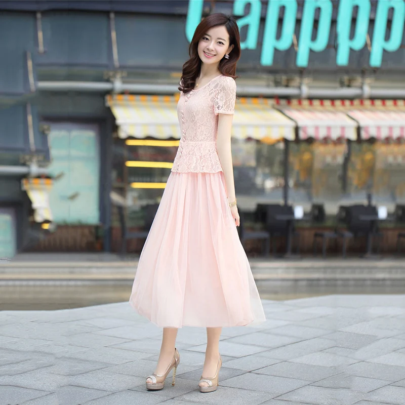

2021 Korean Version Summer Women's New Chiffon Dress Temperament Slim Short-Sleeved Lace Mid-Length A-Line Dress s285