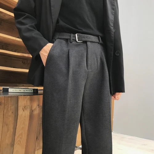Dark Gray Мужской деловой повседневный костюм с эластичным поясом, брюки с поясом, винтажная мода, Осень-зима, мужской шерстяной плотный костюм, брюки, черный, серый - Цвет: Dark Gray