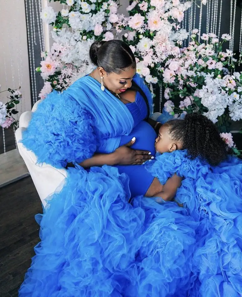 

Blue Illusion Maternity Tulle Photo Shoot Dress Pregnant Woman Long Sleeve Tiered Ruffles Slepwear Bridal Party Birthday Gowns