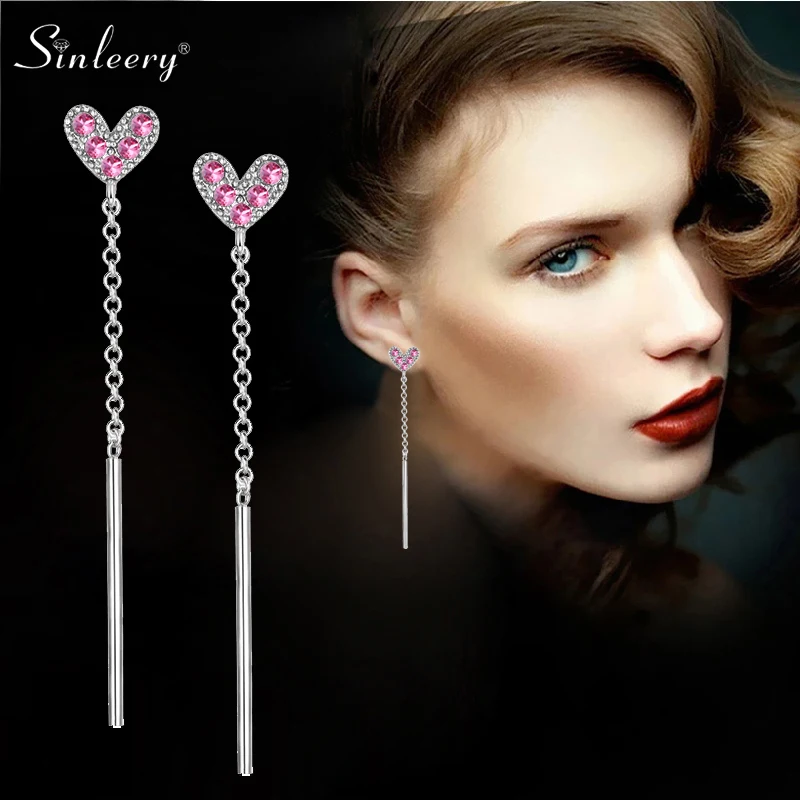 

SINLEERY Heart Shape Long Drop Earrings Gold Silver Color Pink Crystal Inlay Dangle Tassel Earrings For Women Jewelry ES671 SSK