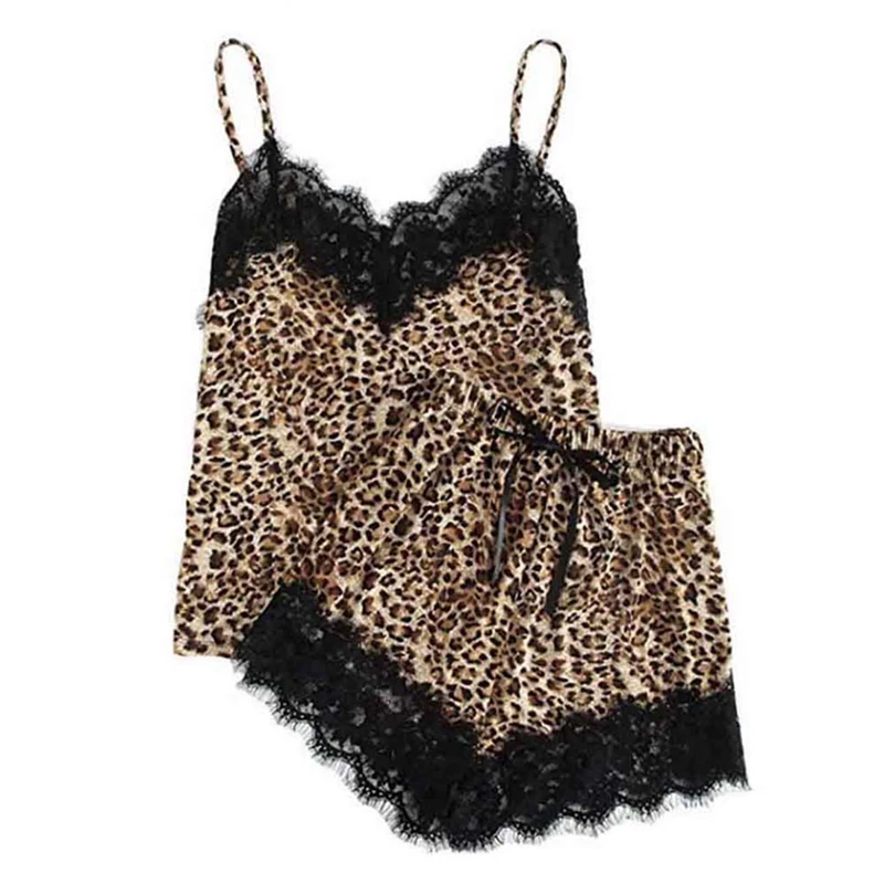 Sexy Sleepwear Set Sling Sleepwear Lingerie Lace Leopard Print Underwear And Shorts Pajama Set Bayan