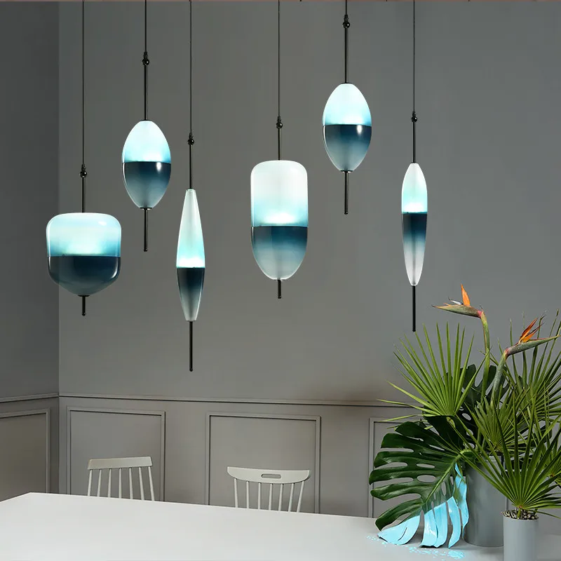 Nordic Modern Blue Glass Led Chandelier Kitchen Dining Bedroom Chandelier Loft Decorative Lighting The Heart of the Ocean Lamp