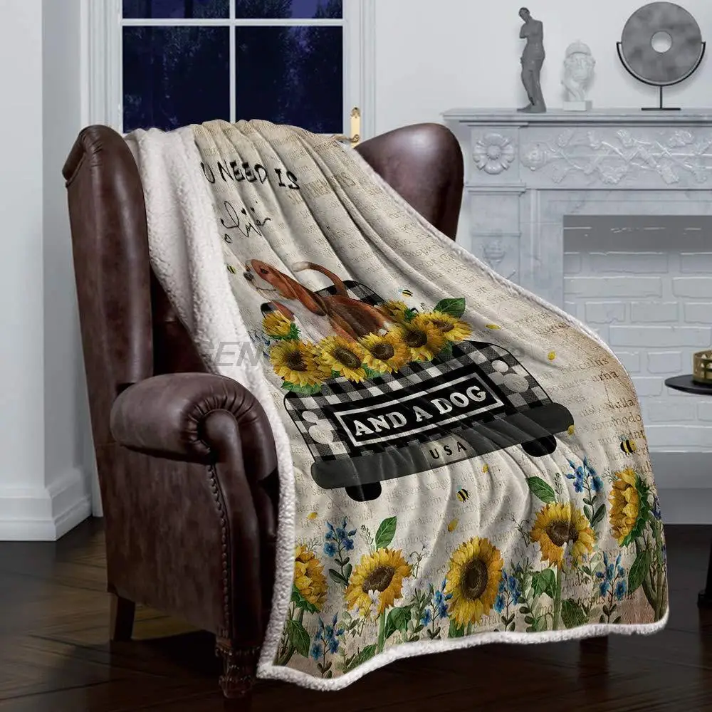 

Fleece Plush Throw Blankets Fuzzy Soft Blanket, Truck with Dog and Farm Sunflowers Blankets All Season Lightweight Thermal Throw