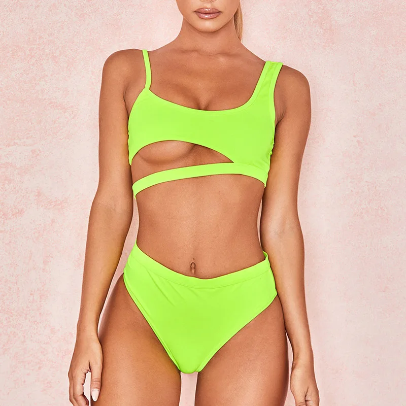 

Fluorescence Yellow Chest hollow Bikini Low Waist Multicolor Sexy Solid Color Swimsuit Two-Piece Swimming Pool Beachwear